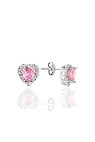 Gümüş rodyumlu pembe taşlı pırlanta montürlü Kalp modeli küpe SGTL12083PEMBE