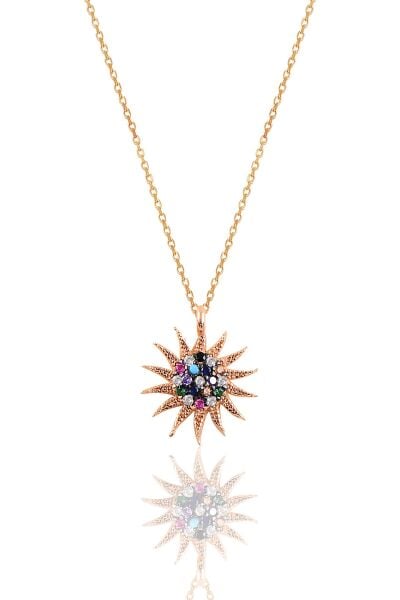 Gümüş rose renkli taşlı gümüş  güneş kolye SGTL10510RENK