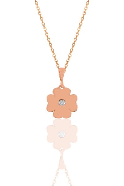 Gümüş rose tek taşlı yonca kolye SGTL11106ROSE