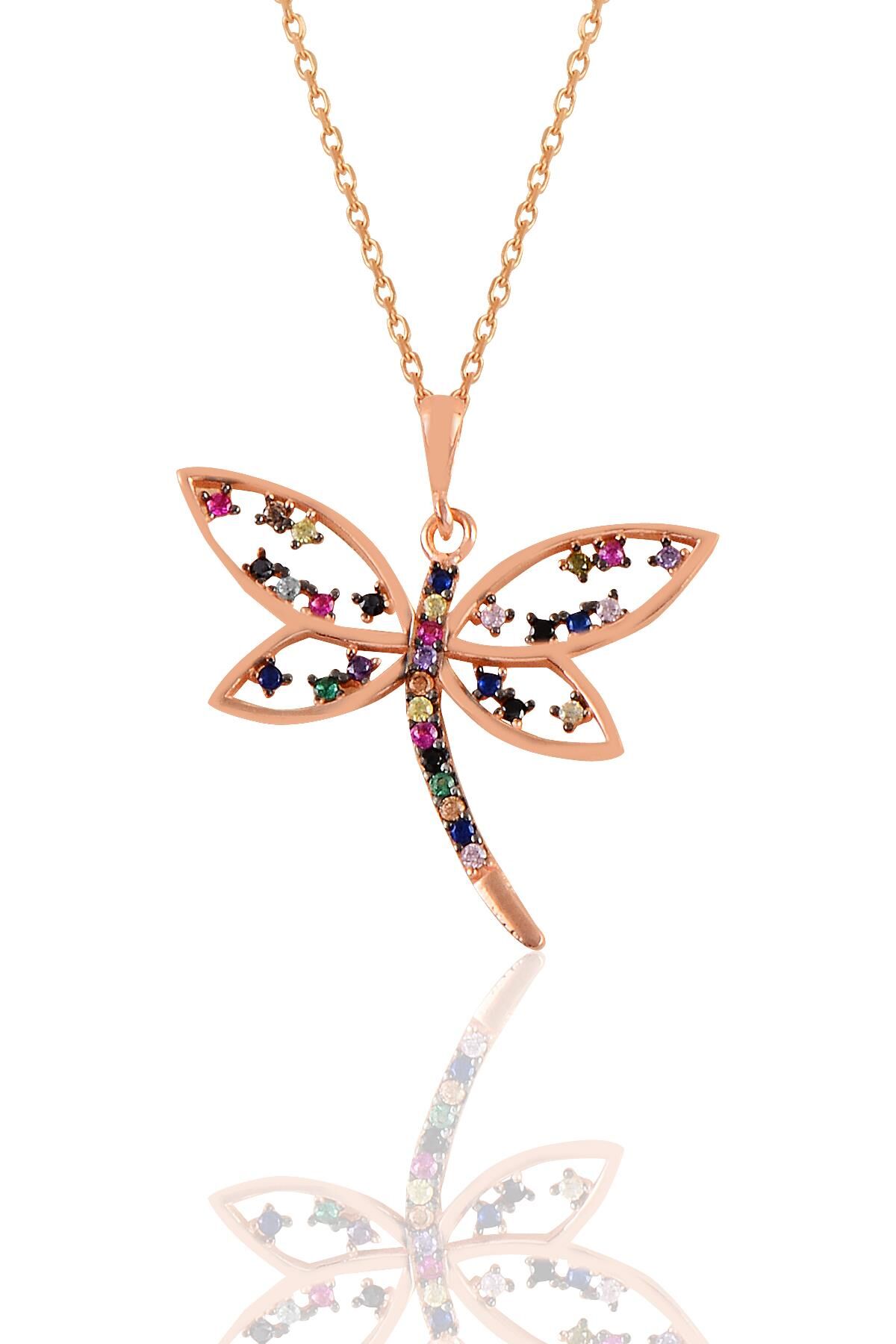 Gümüş rose renkli taşlı yusufçuk kolye  SGTL11105ROSERENKLI