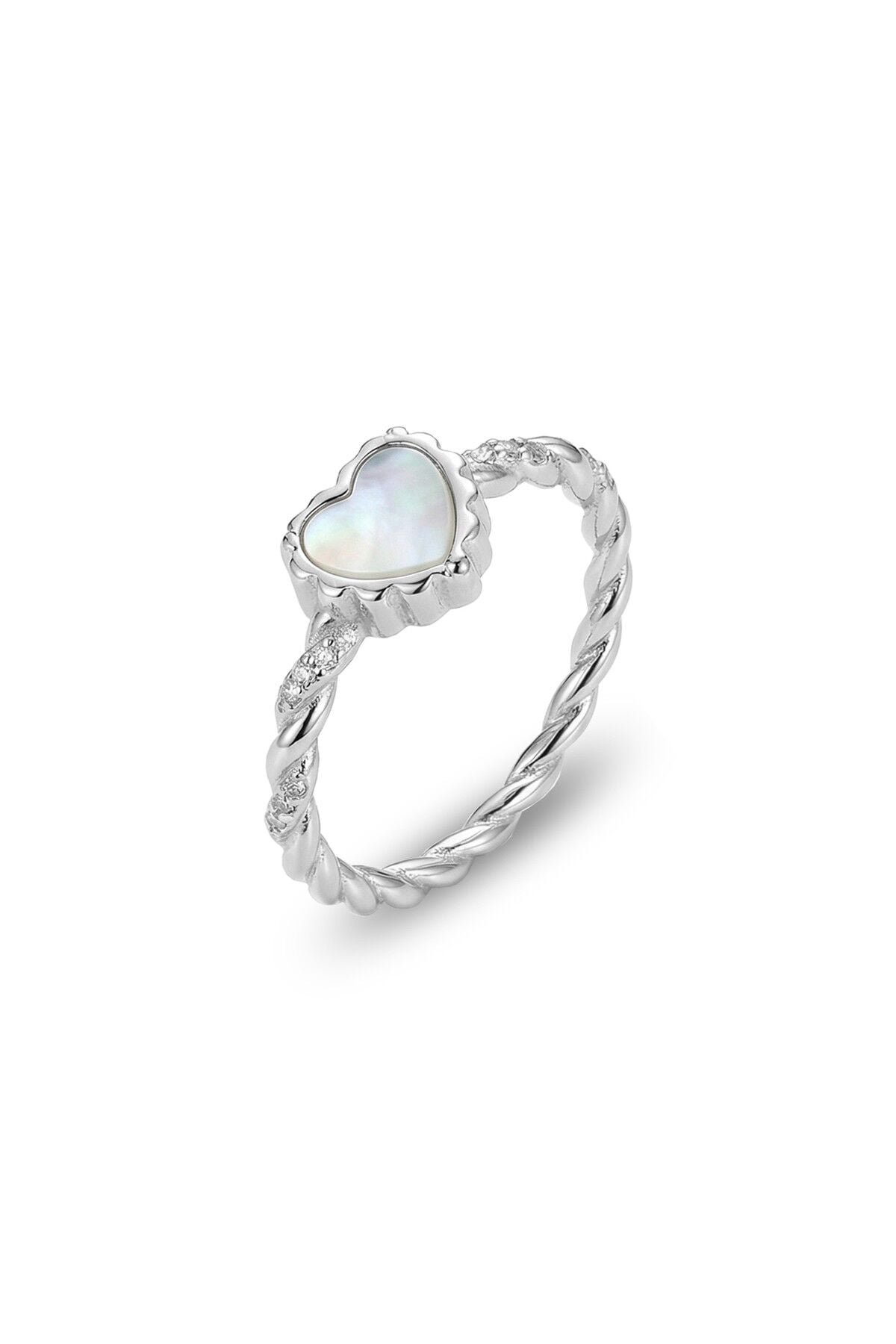 925 Ayar Gümüş Yüzük Kalp Figürlü Sedefli ve Zirkon Taşlı Burgu Tasarım Yüzük