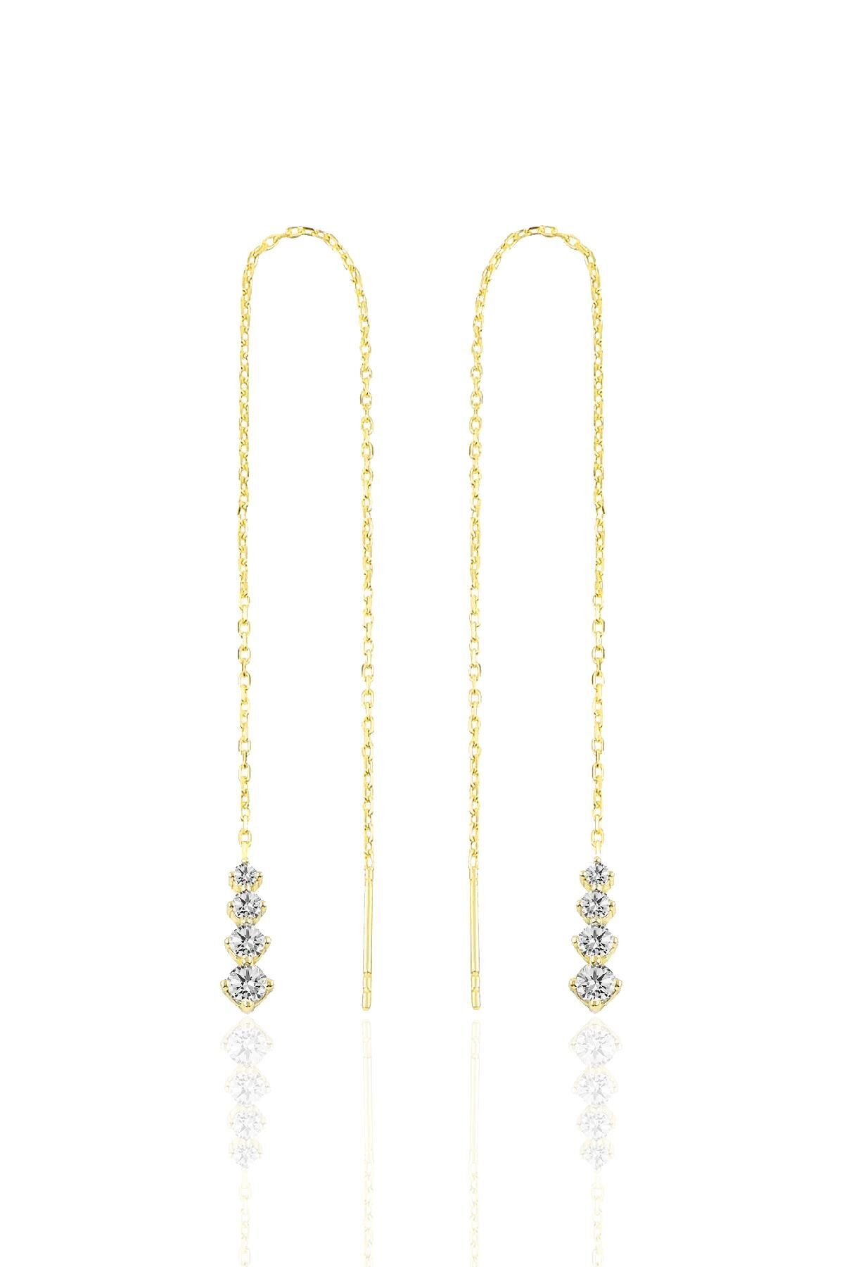 Gümüş altın yaldızlı zirkon taşlı Işıltılı Gümüş Zincir Küpe SGTL10418GOLD