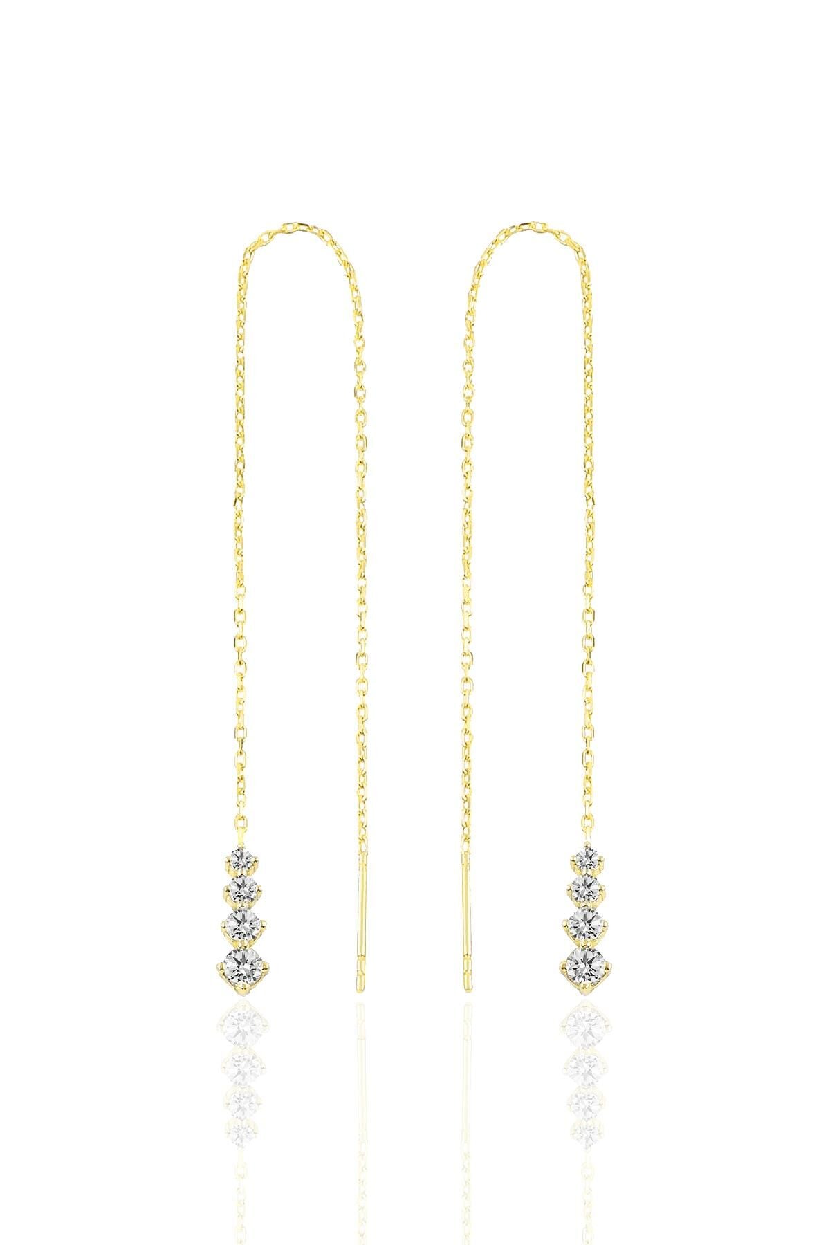 Gümüş altın yaldızlı zirkon taşlı Işıltılı Gümüş Zincir Küpe SGTL10418GOLD