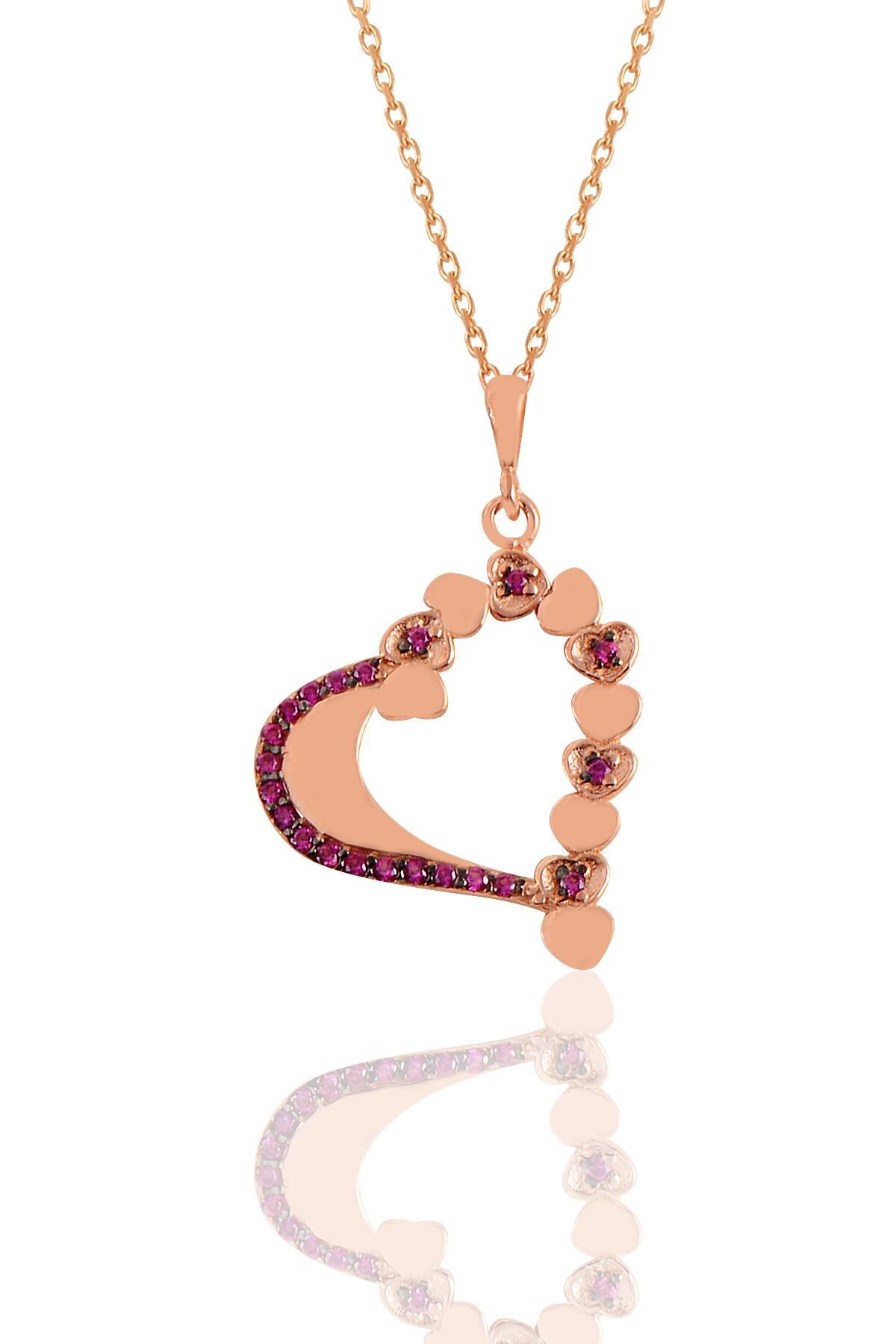 Gümüş rose fuşya taşlı kalpli aşk kolye SGTL11104ROSE