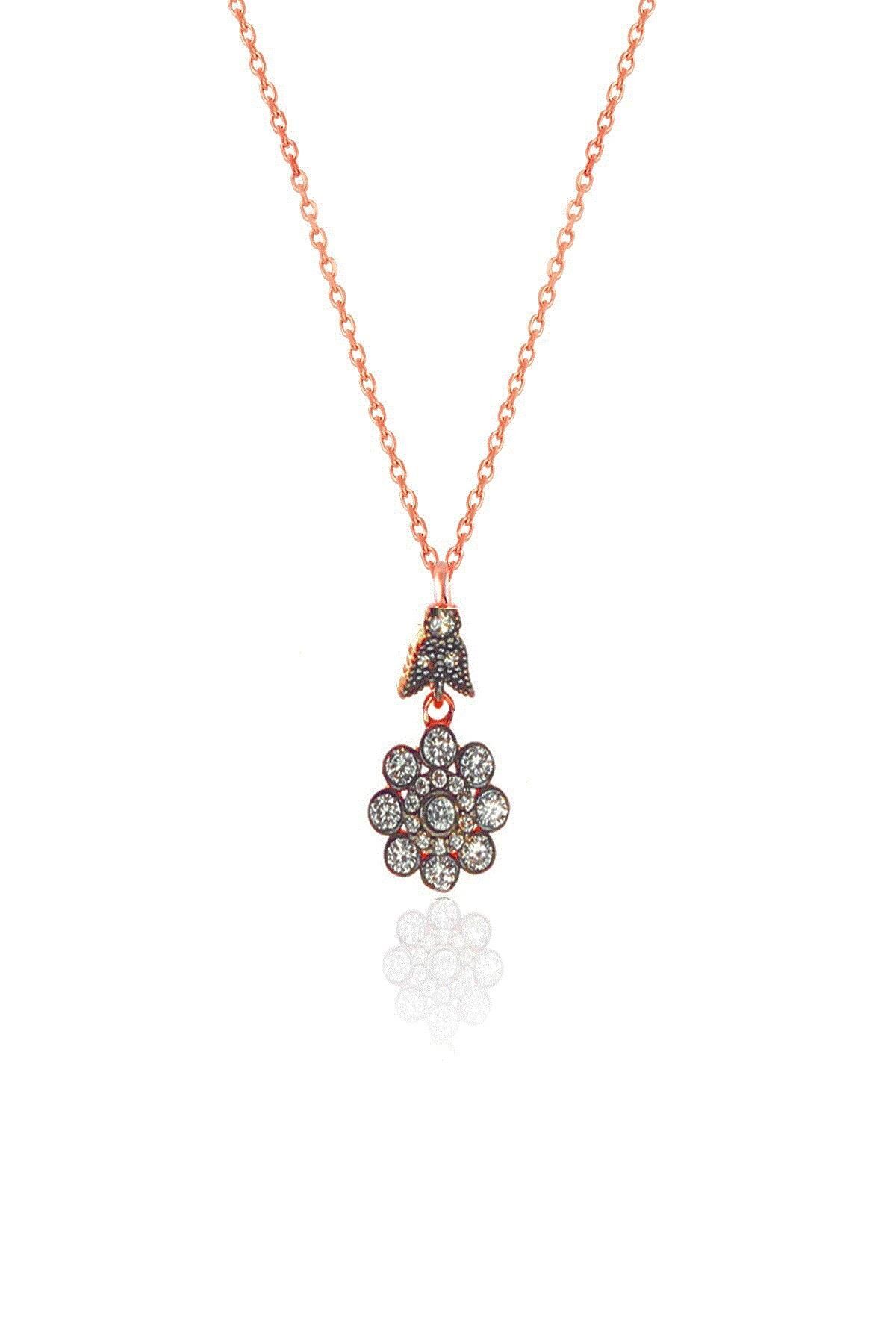 Gümüş rose zirkon taşlı elmas montürlü çiçek modeli kolye SGTL11462ROSE