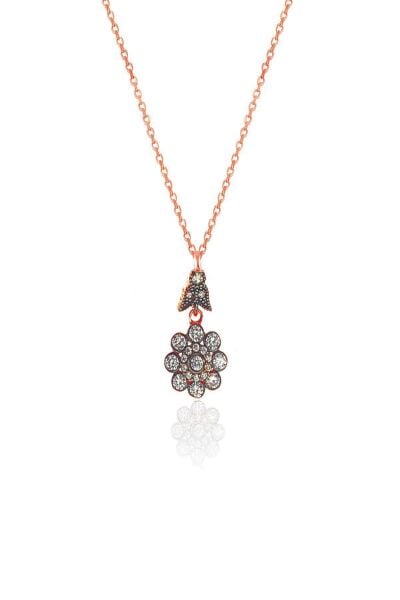 Gümüş rose zirkon taşlı elmas montürlü çiçek modeli kolye SGTL11462ROSE