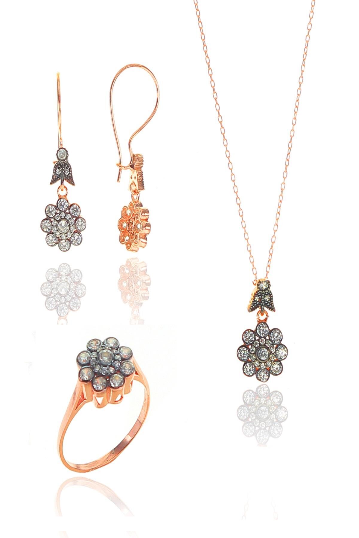 Gümüş rose zirkon taşlı elmas montürlü çiçek modeli set SGTL11461ROSE