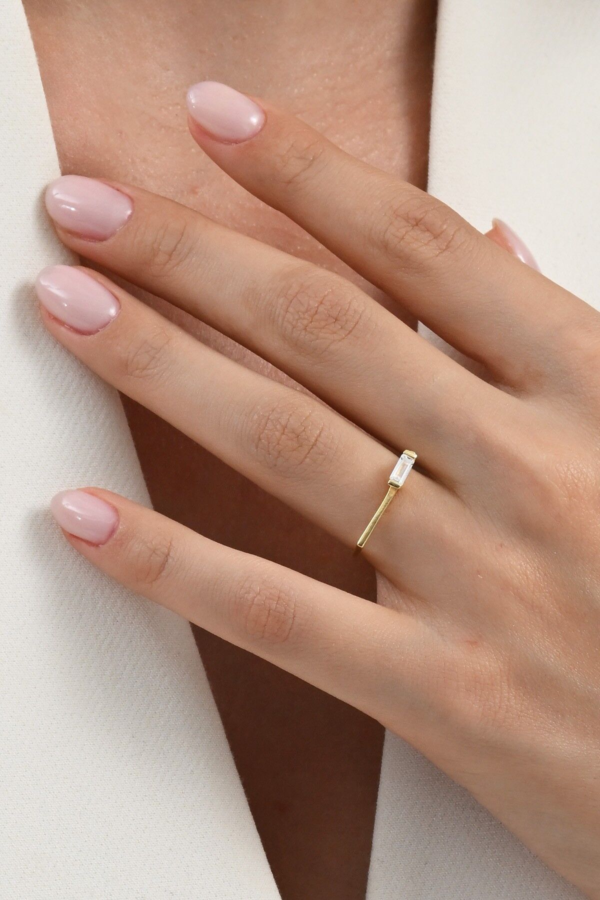 Gümüş altın yaldızlı baget kesim zirkon taşlı geometrik yüzük