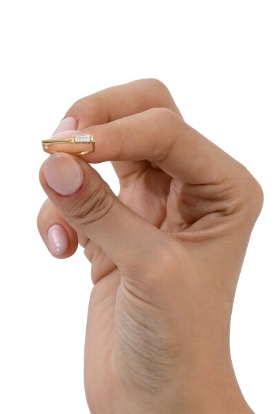 Gümüş altın yaldızlı baget kesim zirkon taşlı geometrik yüzük