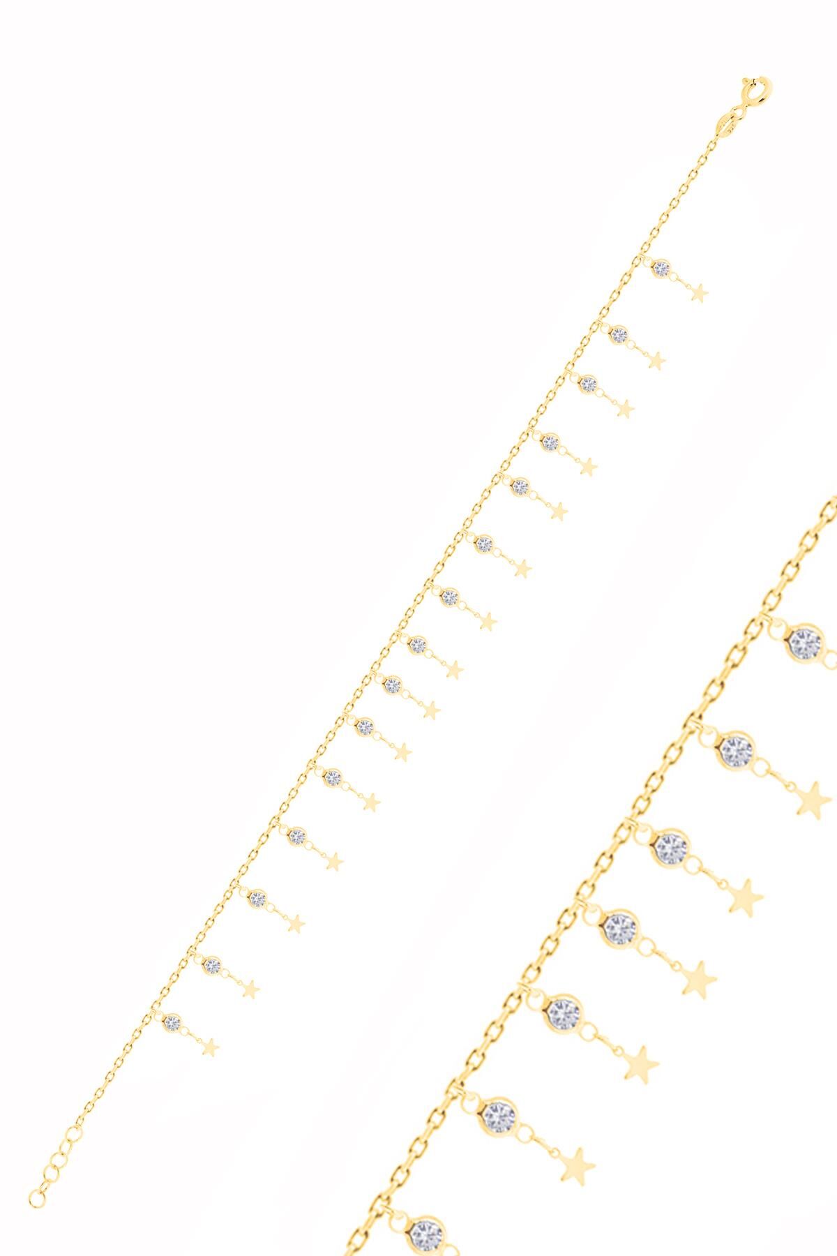 Gümüş altın yaldızlı zirkon taşlı çift sıra yıldız pullu halhal SGTL10538GOLD