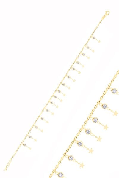 Gümüş altın yaldızlı zirkon taşlı çift sıra yıldız pullu halhal SGTL10538GOLD
