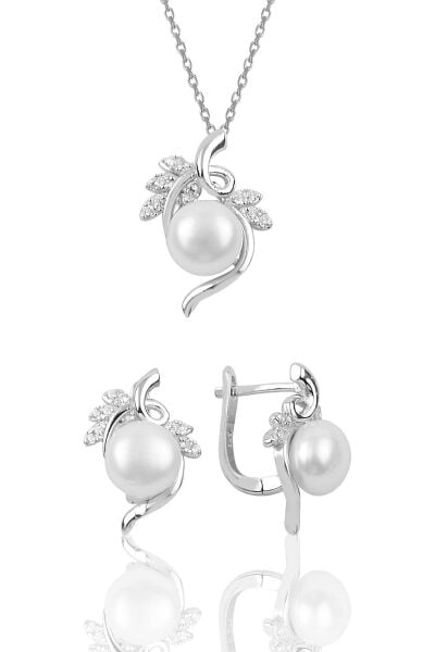 Gümüş inci ve zirkon taşlı yaprak modeli ikili set SGTL10029