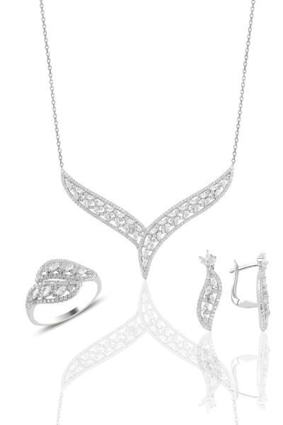 Gümüş rodyumlu  pırlanta modeli beyaz altın görünümlü kolye küpe ve yüzük seti SGTL10948