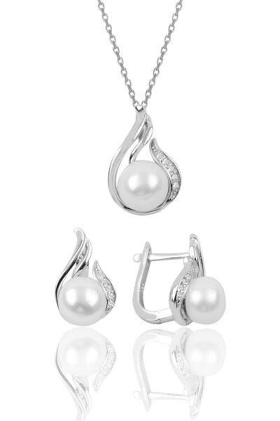 Gümüş inci ve zirkon taşlı damla modeli ikili set SGTL10030