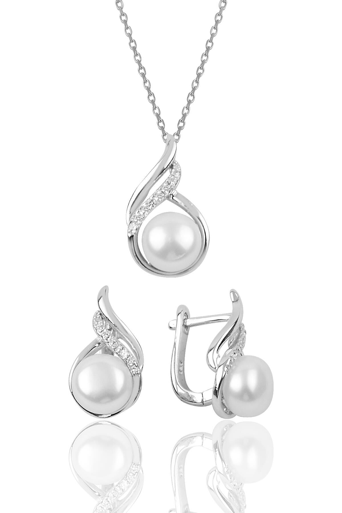 Gümüş inci ve zirkon taşlı damla modeli ikili set SGTL10031