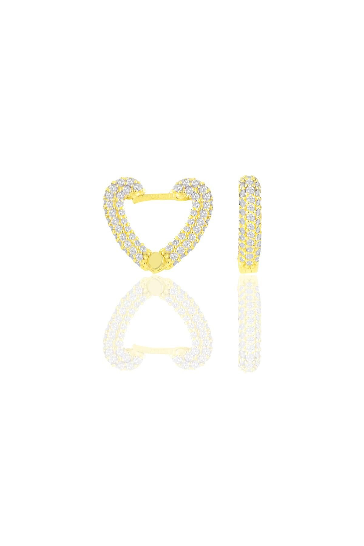Gümüş altın yaldızlı zirkon taşlı trend kalp küpe SGTL12064GOLD
