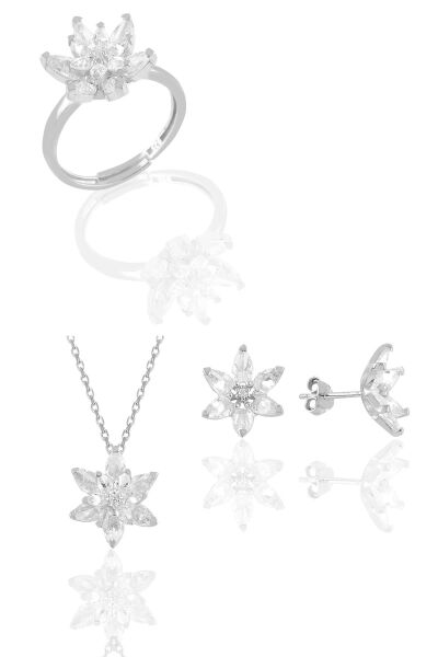 Gümüş rodyumlu  taşlı nilüfer lotus çiçeği üçlü set SGTL10383 Kırmızı