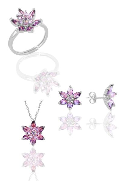 Gümüş rodyumlu  taşlı nilüfer lotus çiçeği üçlü set