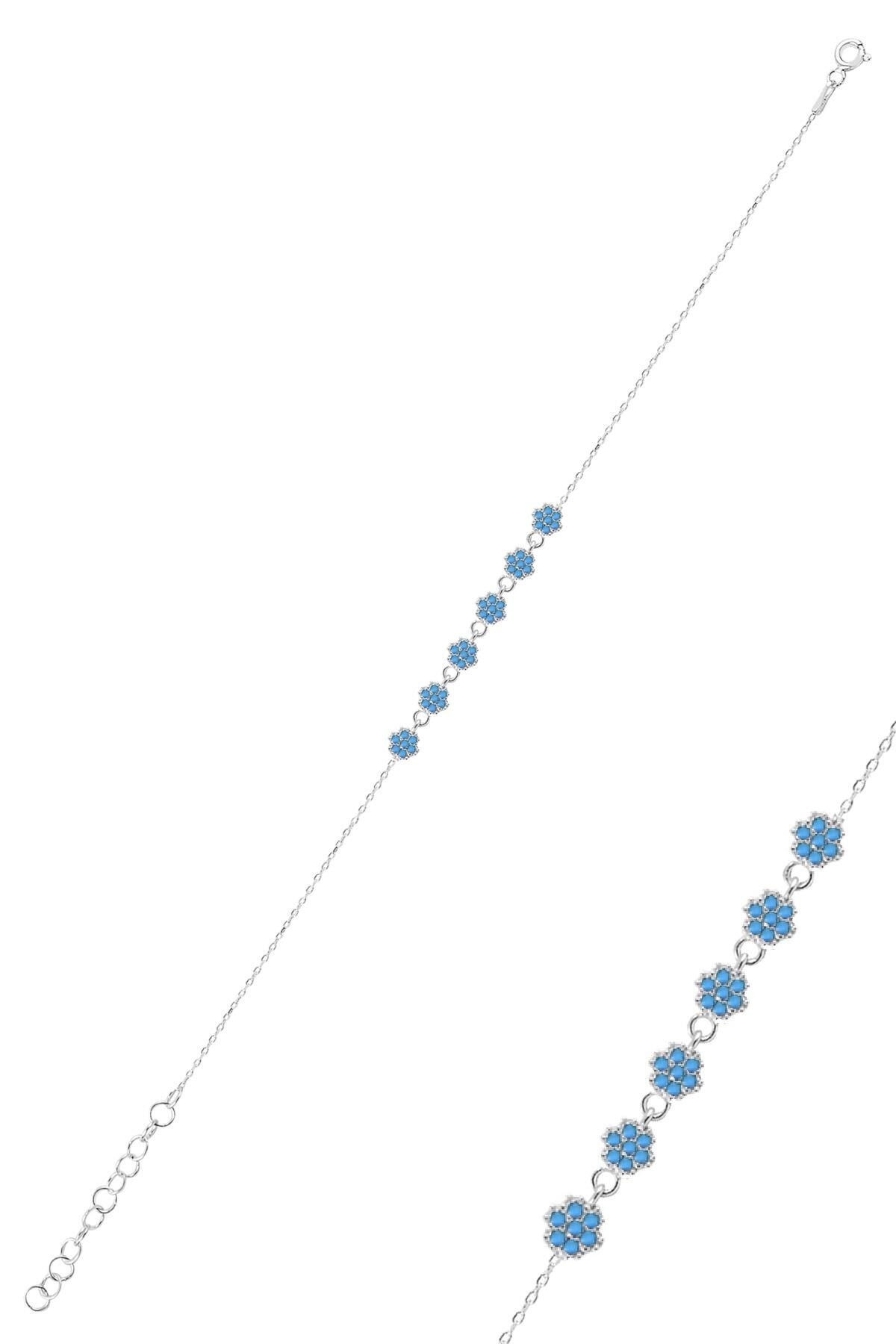 Gümüş rodyumlu turkuaz taşlı çiçek bileklik SGTL12293MAVI