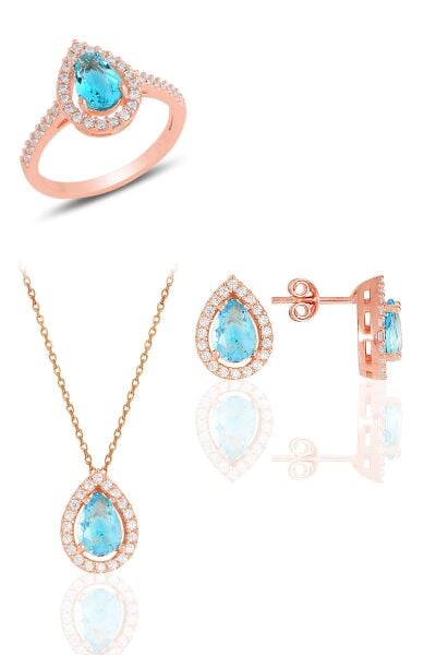 Gümüş rose akuamarin taşlı damla modeli üçlü set SGTL11512MAVI