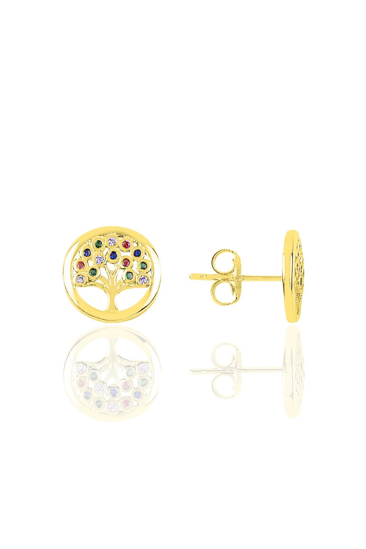 Gümüş altın yaldızlı renkli taşlı hayat ağaçı modeli küpe  SGTL10786GOLD