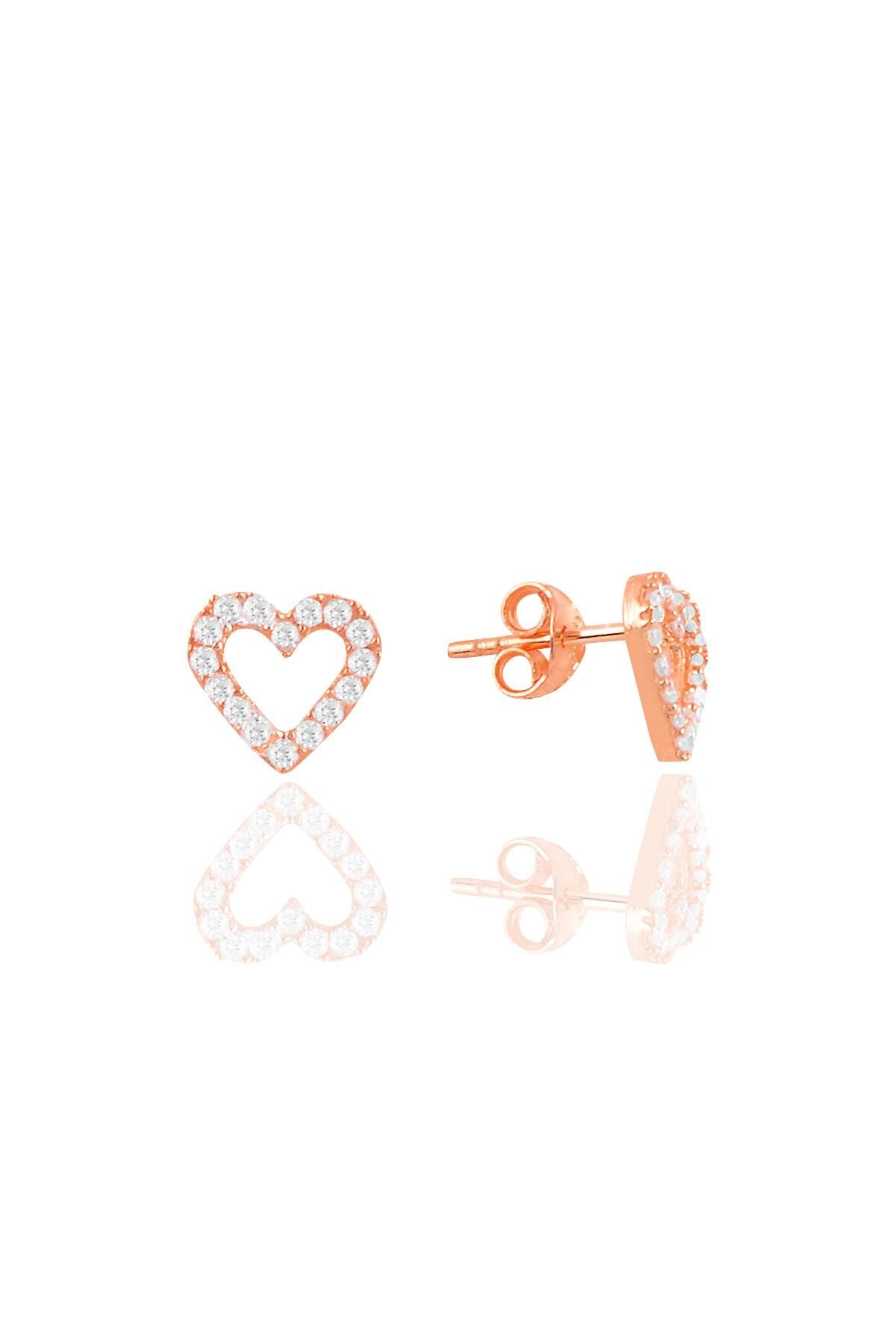 Gümüş rose zirkon taşlı içi boş kalp küpe SGTL11094ROSE