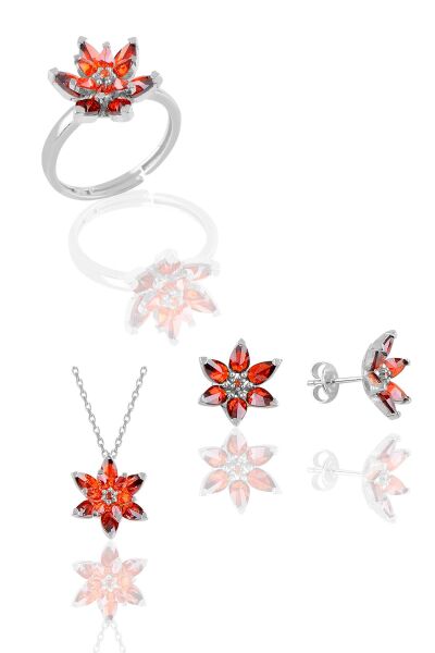 Gümüş rodyumlu  taşlı nilüfer lotus çiçeği üçlü set Kırmızı
