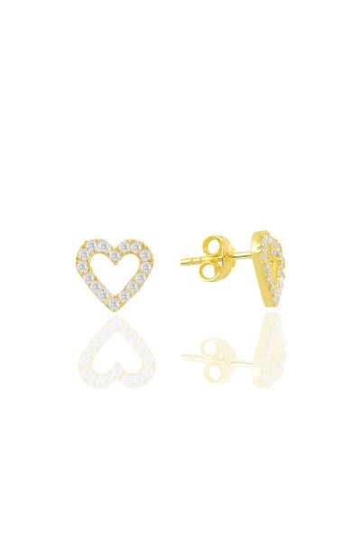 Gümüş altın yaldızlı zirkon taşlı içi boş kalp küpe SGTL11094GOLD