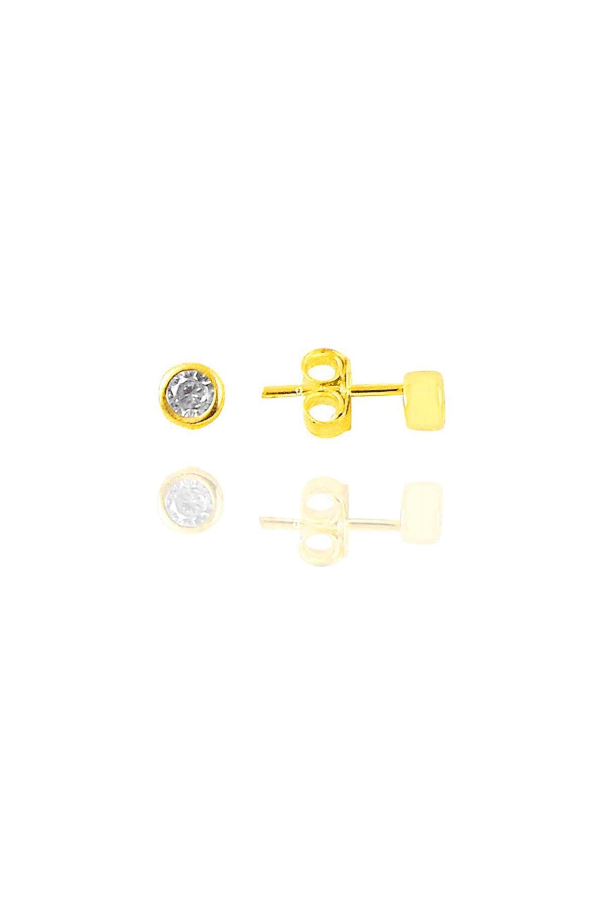 Gümüş altın yaldızlı zirkon taşlı sıvama gümüş tek taş küpe SGTL11305GOLD