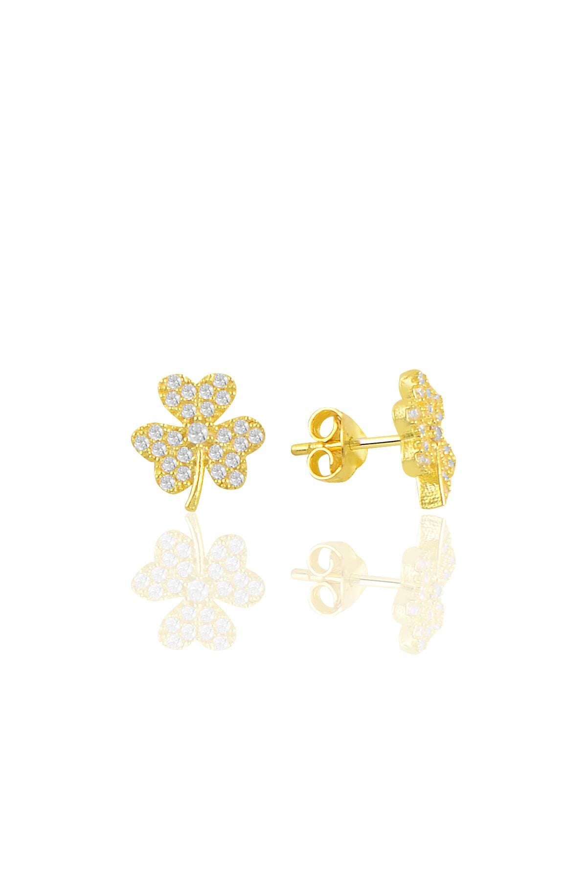 Gümüş altın yaldızlı zirkon taşlı yonca küpe SGTL11093GOLD