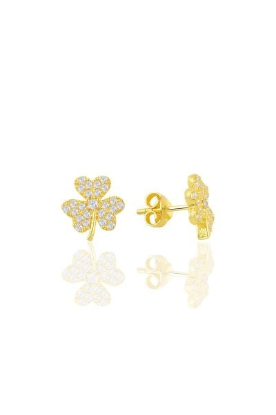 Gümüş altın yaldızlı zirkon taşlı yonca küpe SGTL11093GOLD