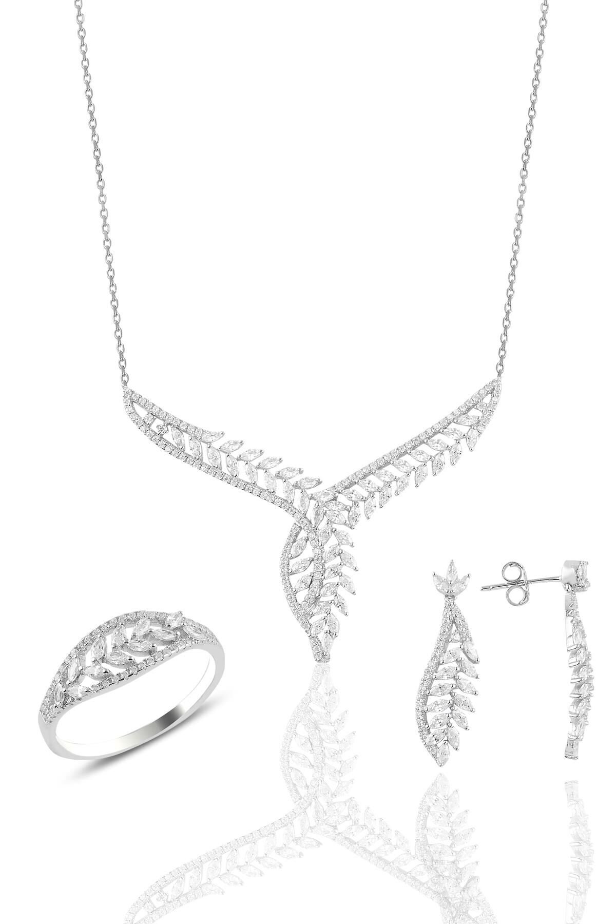 Gümüş rodyumlu  pırlanta modeli beyaz altın görünümlü kolye küpe ve yüzük seti SGTL10949