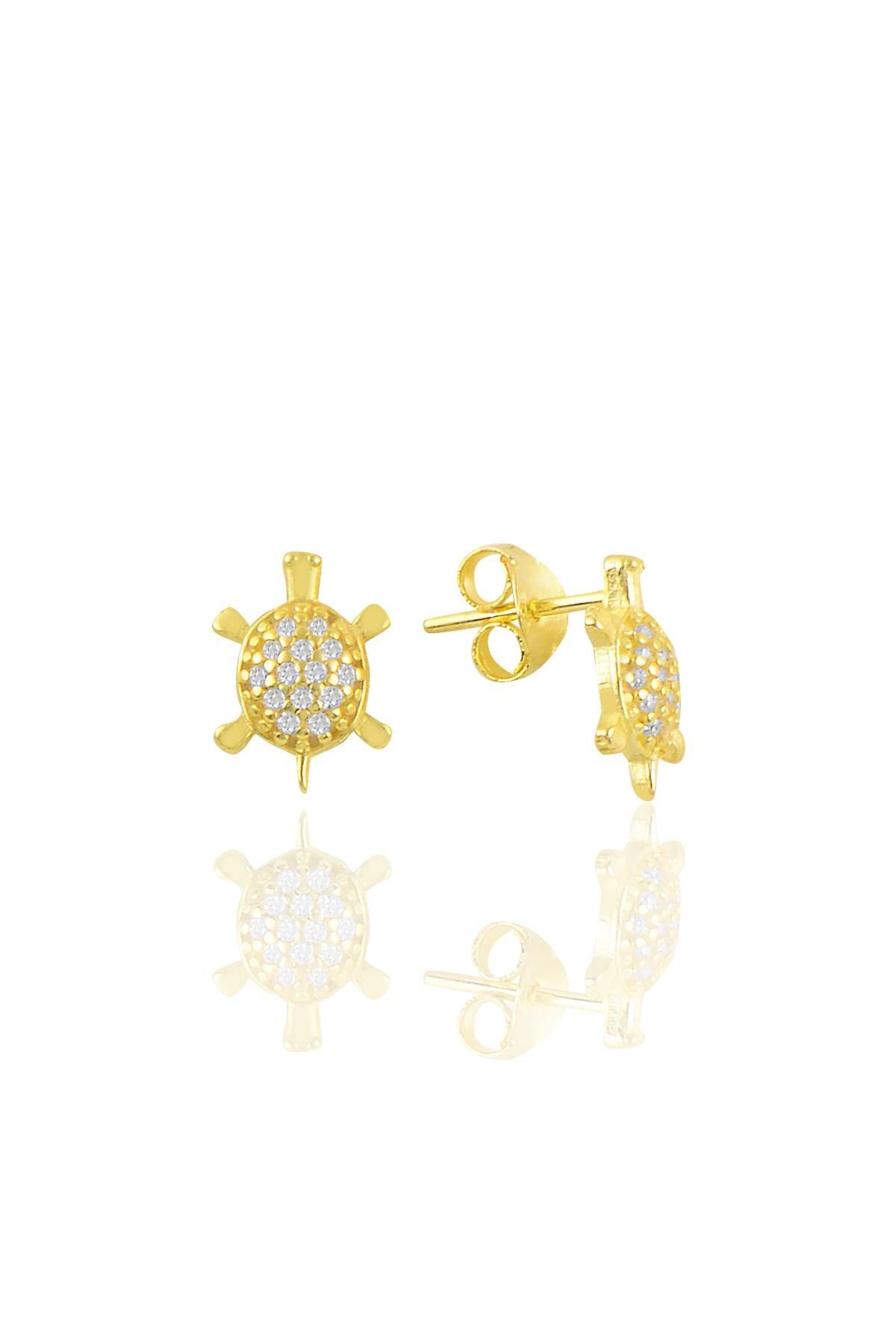 Gümüş altın yaldızlı zirkon taşlı kaplumbağa küpe SGTL11092GOLD