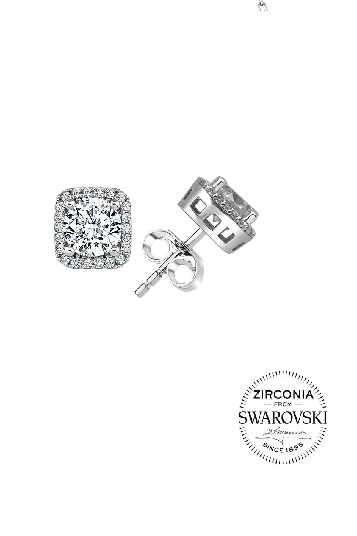 Gümüş Swarovski taşlı pırlanta modeli kare küpe SGTL20515KUPE