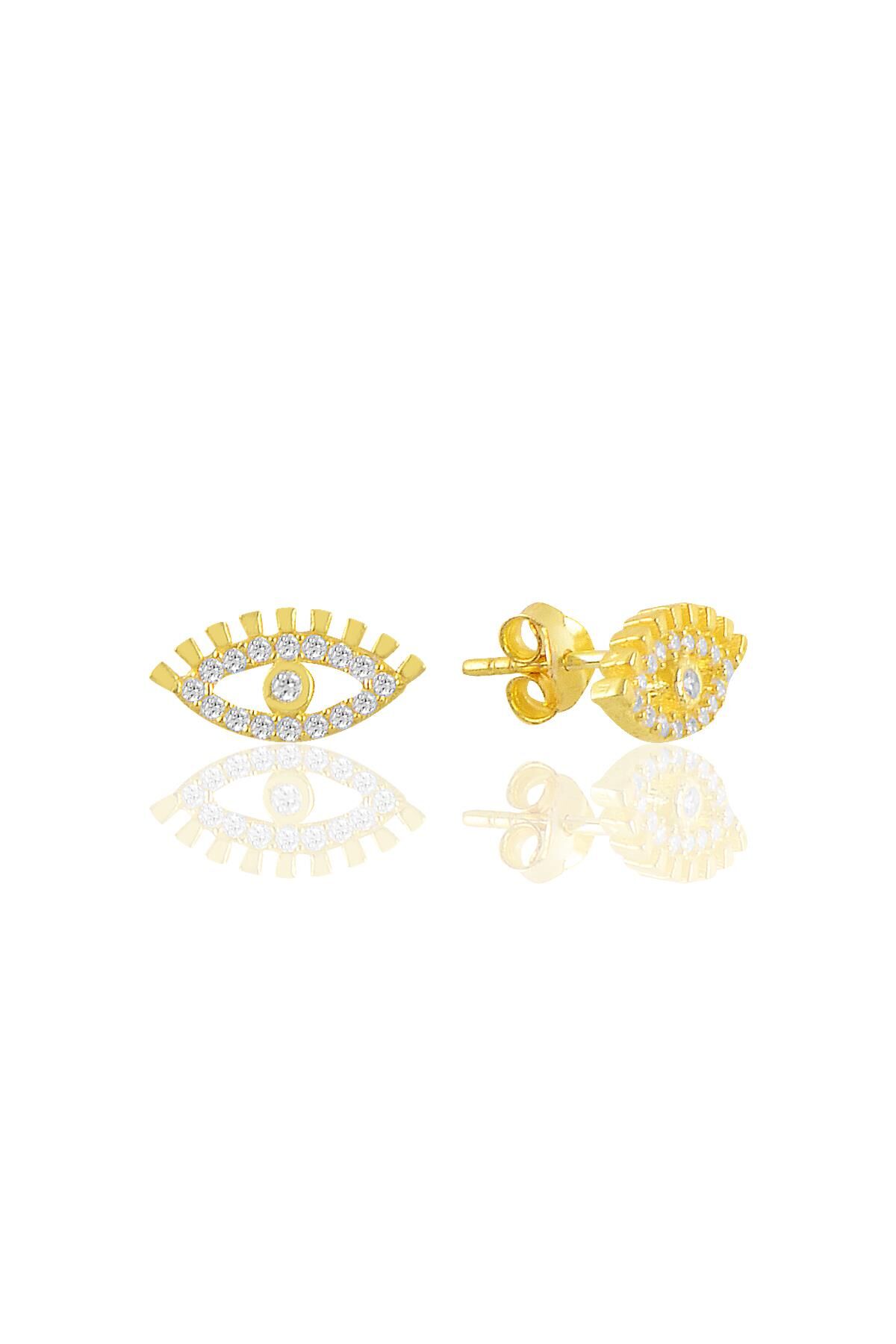 Gümüş altın yaldızlı zirkon taşlı eye göz küpe SGTL11091GOLD