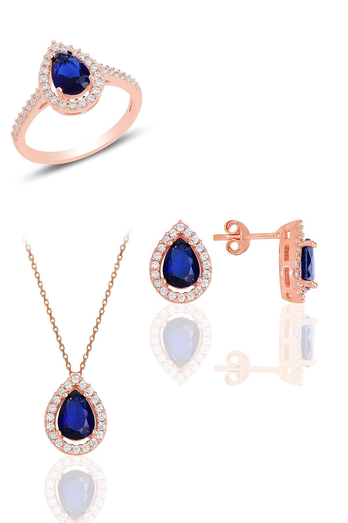 Gümüş rose safir taşlı damla modeli üçlü set SGTL11512LACIVERT
