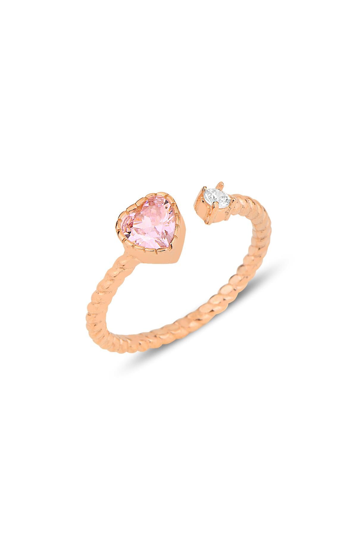 Gümüş rose pembe taşlı kalp modeli ayarlamalı yüzük SGTL12179ROSE