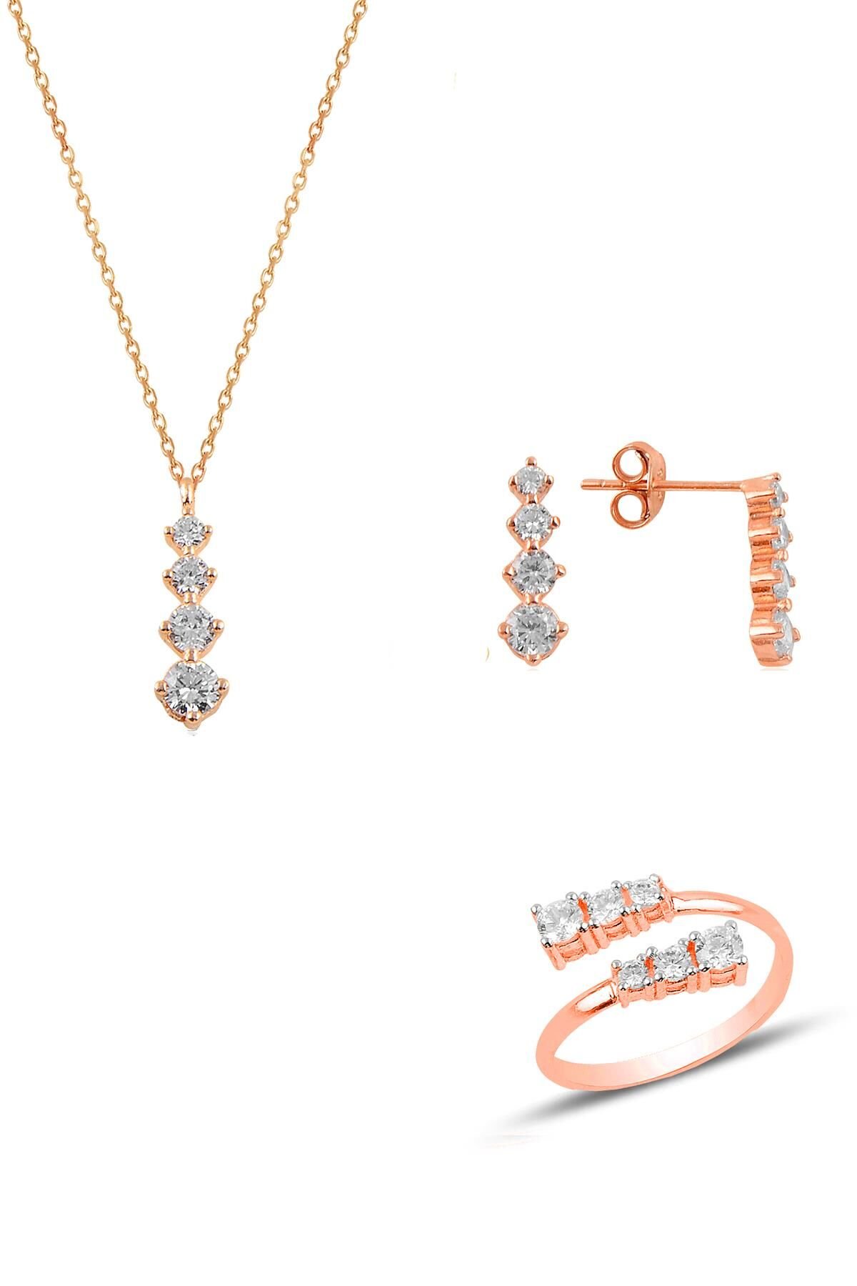 Gümüş rose zirkon taşlı pırlanta modeli pırıltı üçlü set SGTL11088ROSE