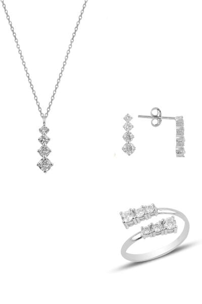 Gümüş rodyumlu zirkon taşlı pırlanta modeli pırıltı üçlü set SGTL11088RODAJ