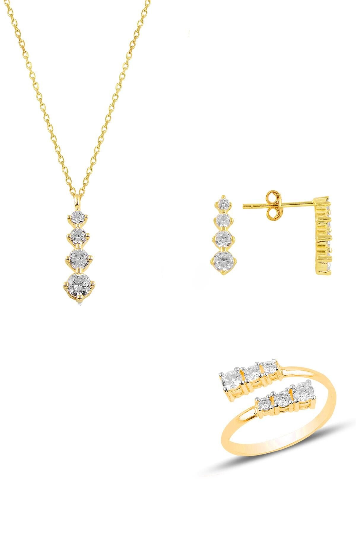 Gümüş altın yaldızlı zirkon taşlı pırlanta modeli pırıltı üçlü set SGTL11088GOLD