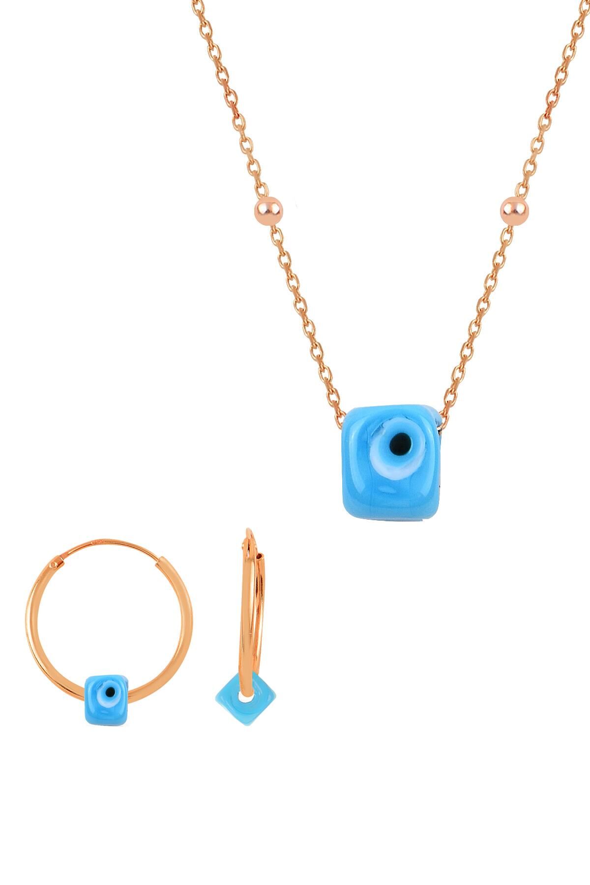 Gümüş rose top top zincirli  nazarlı turkuaz set SGTL11086ROSE