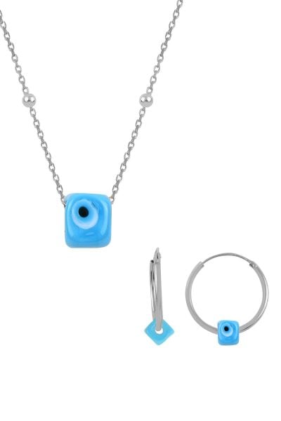 Gümüş rodyumlu   top top zincirli nazarlı turkuaz set SGTL11086RODAJ