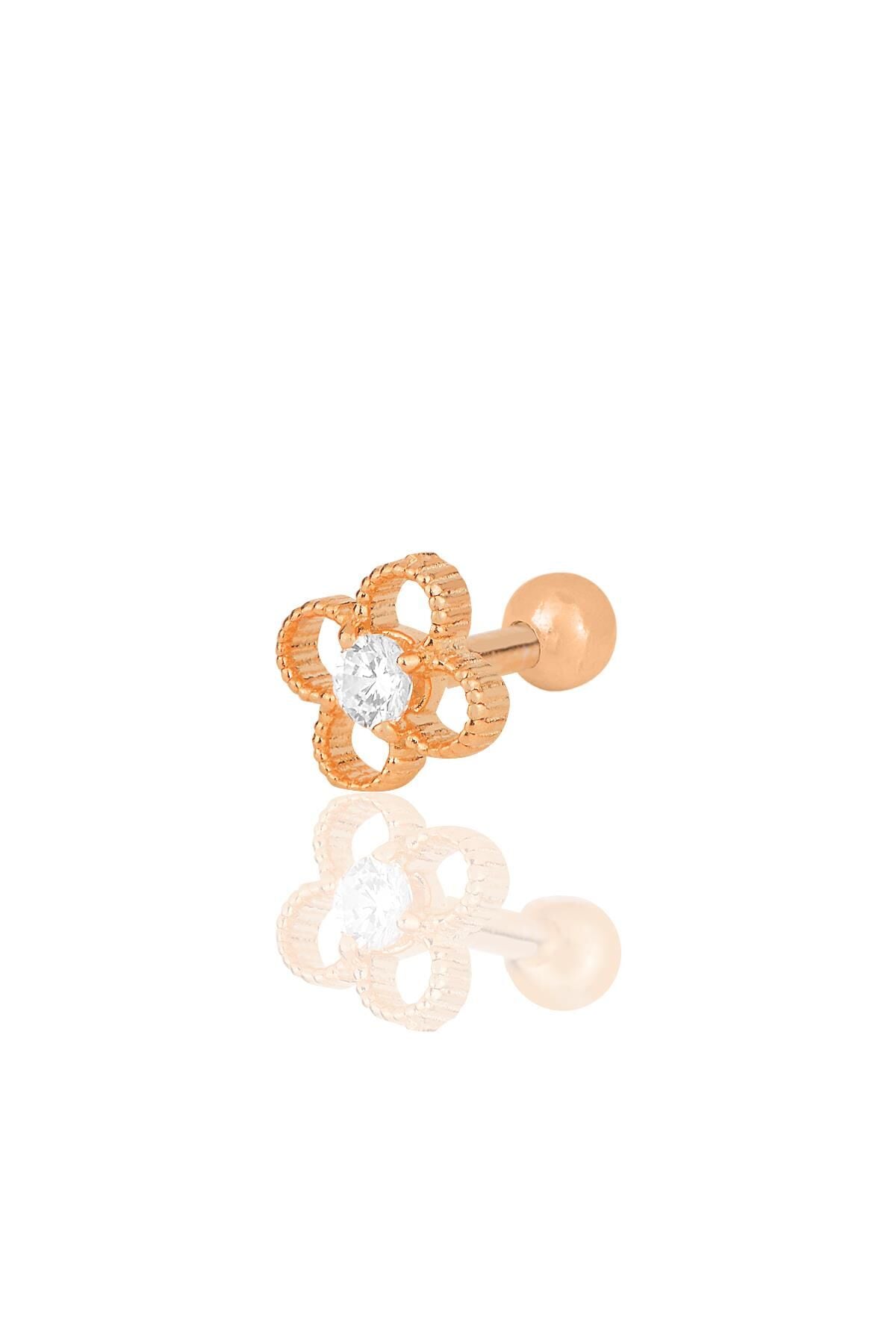 Gümüş rose zirkon taşlı yonca modeli Tragus helix Piercing küpe SGTL12200ROSE