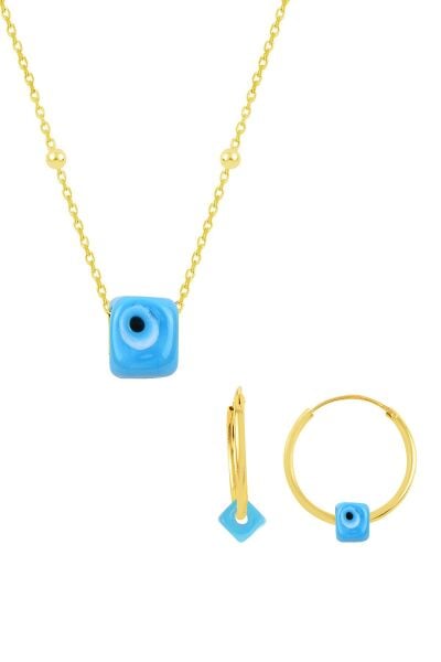 Gümüş altın yaldızlı top top zincirli  nazarlı turkuaz set SGTL11086GOLD