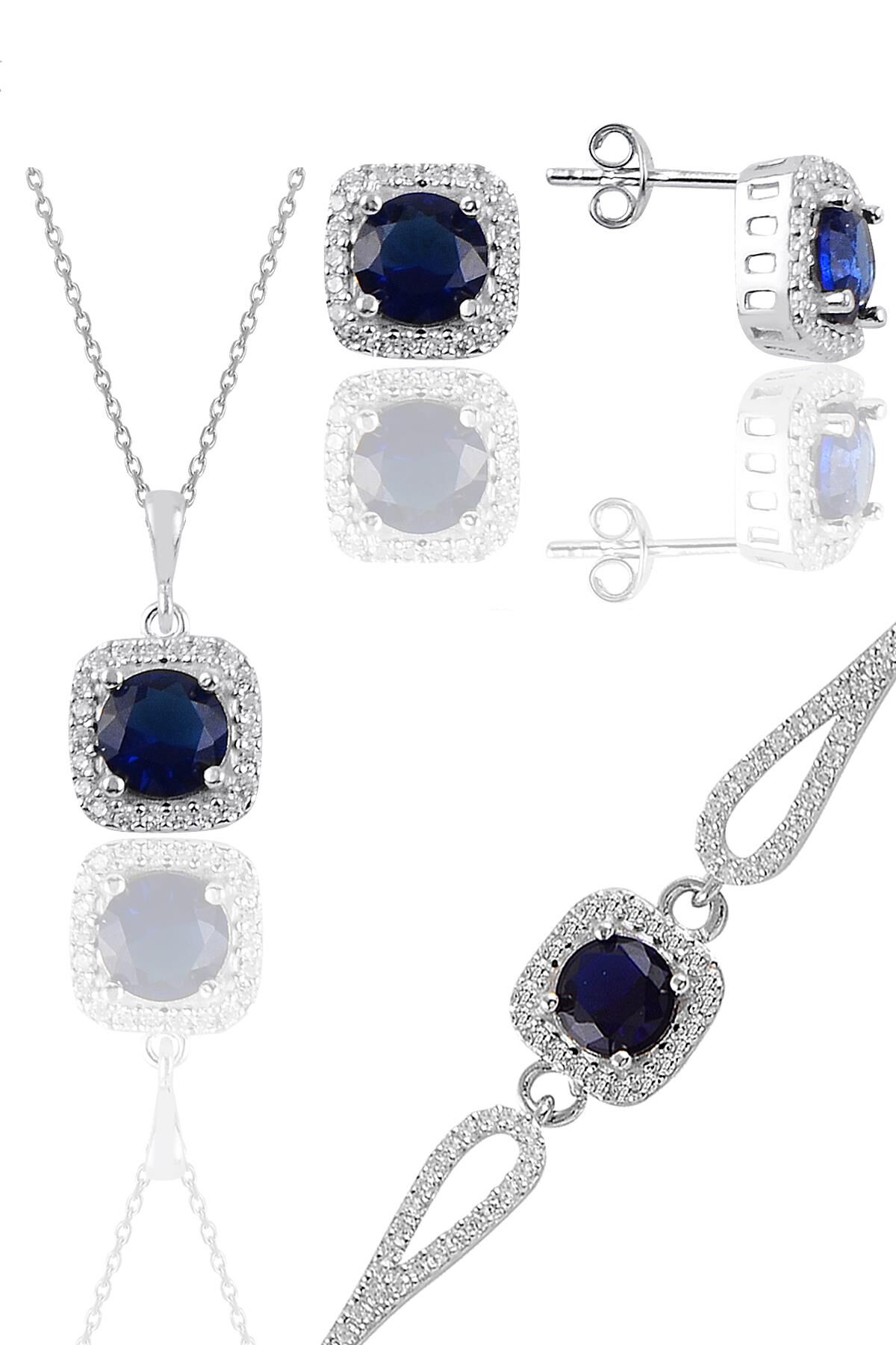 Gümüş rodyumlu safir taşlı kare kolye küpe ve bileklikten oluşan üçlü set SGTL11578LACIVERT