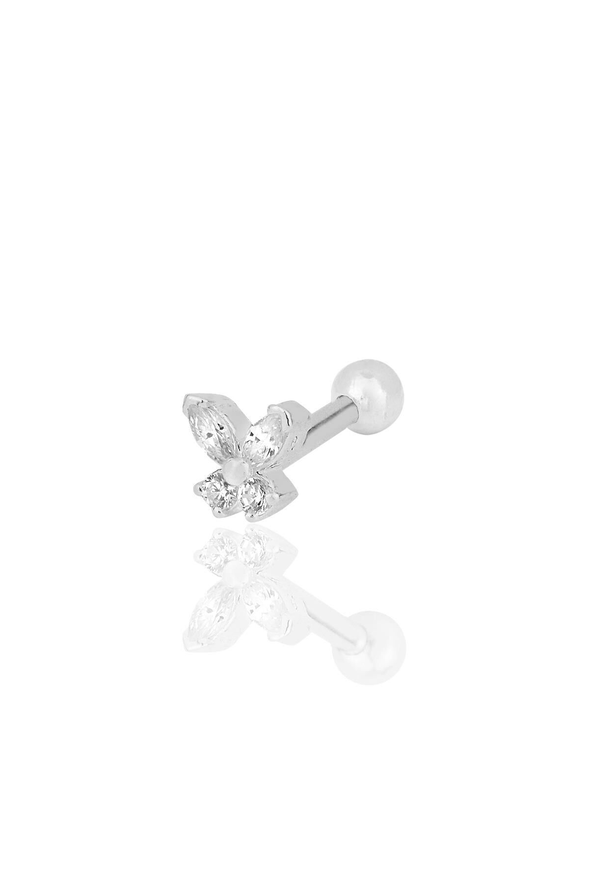 Gümüş rodyumlu baget taşlı kelebek modeli Tragus helix Piercing küpe SGTL12201RODAJ