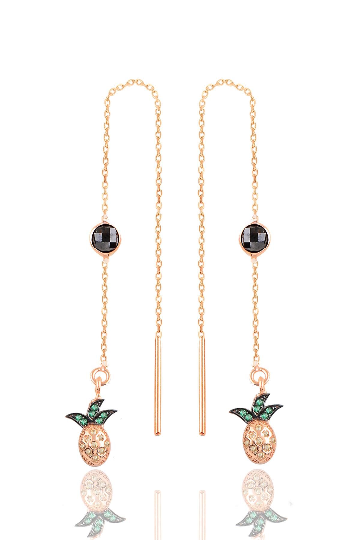 Gümüş rose oniks taşlı ananas zincir küpe SGTL11084ANN