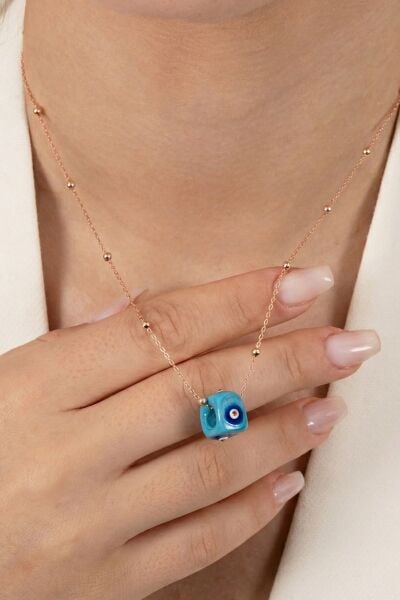 Turkuaz taşlı mineli top top zincirli kolye SGTL7308