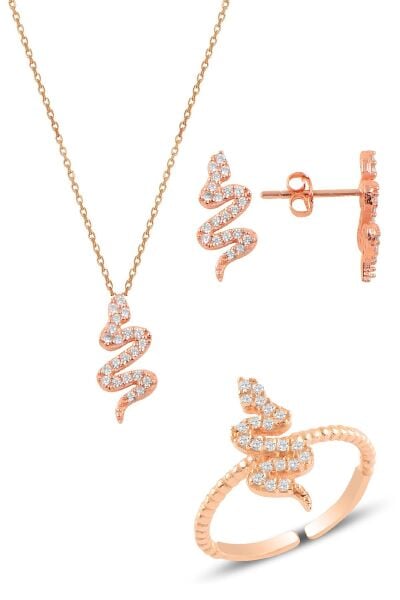 Gümüş rose yılan kolye küpe ve yüzük seti SGTL10749ROSE