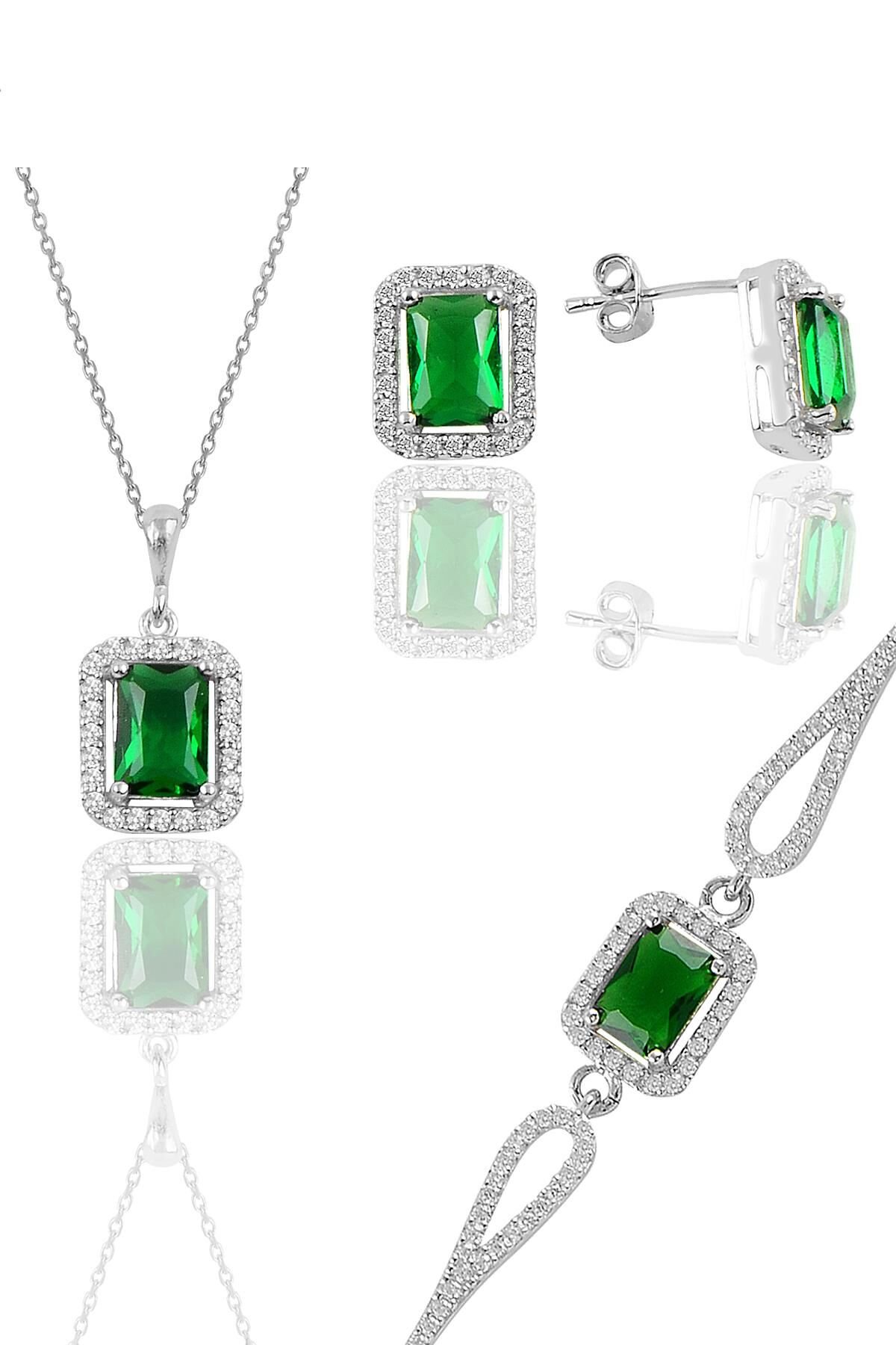 Gümüş rodyumlu kök zümrüt taşlı baget kesim üçlü set SGTL11598YESIL